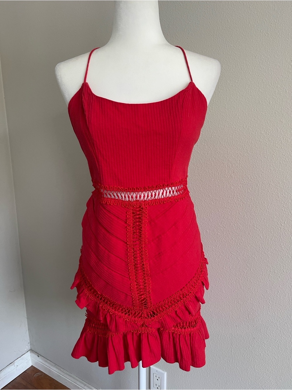 Hello Molly Red Spaghetti-Strap Lace-Trim Mini Dress